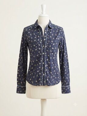 Free People Cottagecore Navy Floral Button-Down Blouse with Contrast Piping